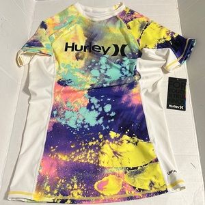 NWT Hurley youth tie dye yellow white rashguard sun protection swim UPF 40 L
